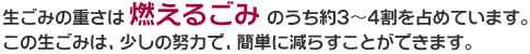 生ごみの重さは燃えるごみのうち約3～4割を占めています。この生ごみは、少しの努力で、簡単に減らすことができます。